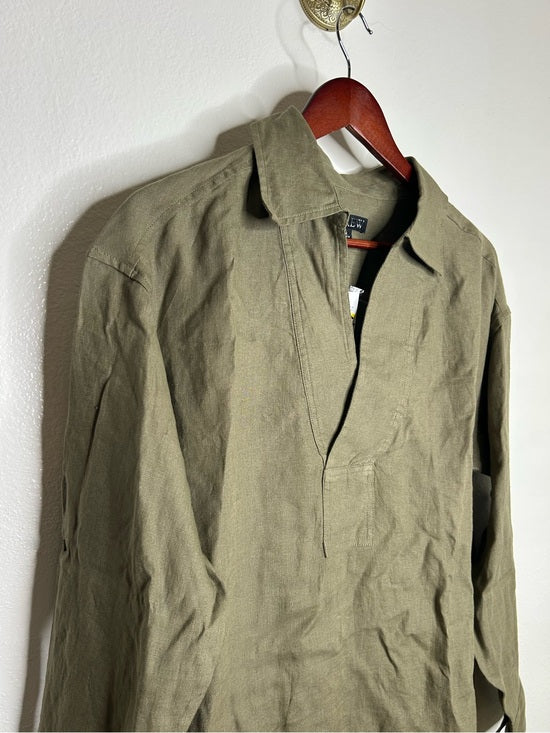 J. Crew 100% Linen Popover Long Sleeve Mini Dress in Army Green