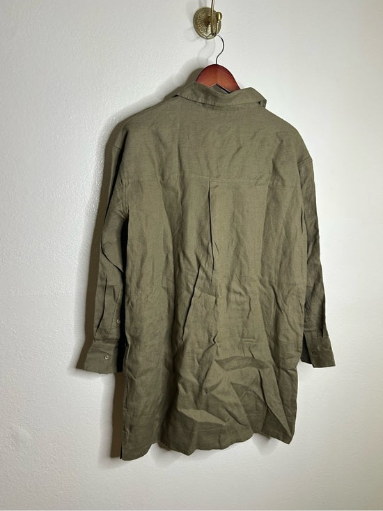 J. Crew 100% Linen Popover Long Sleeve Mini Dress in Army Green