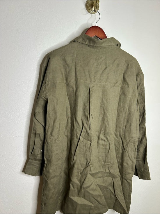 J. Crew 100% Linen Popover Long Sleeve Mini Dress in Army Green