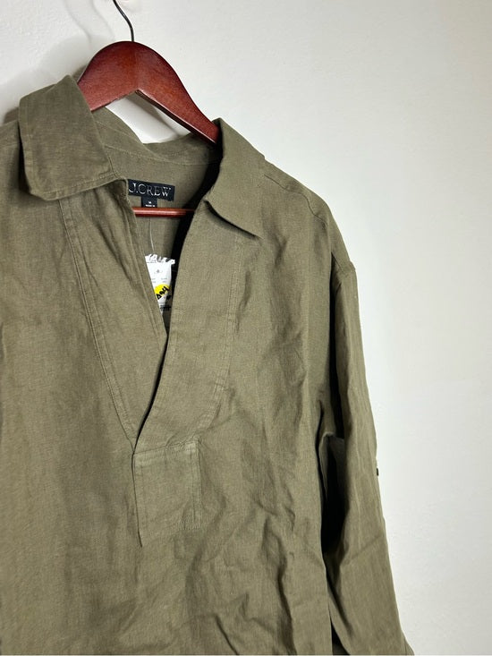J. Crew 100% Linen Popover Long Sleeve Mini Dress in Army Green