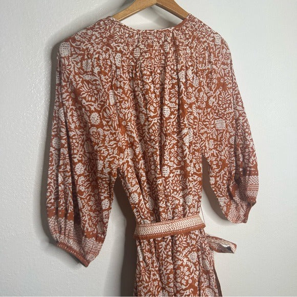 Cleobella 100% Organic Cotton Belted Puff Sleeve Mini Dress Orange Floral
