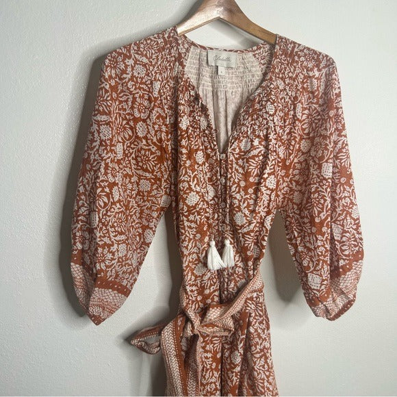 Cleobella 100% Organic Cotton Belted Puff Sleeve Mini Dress Orange Floral