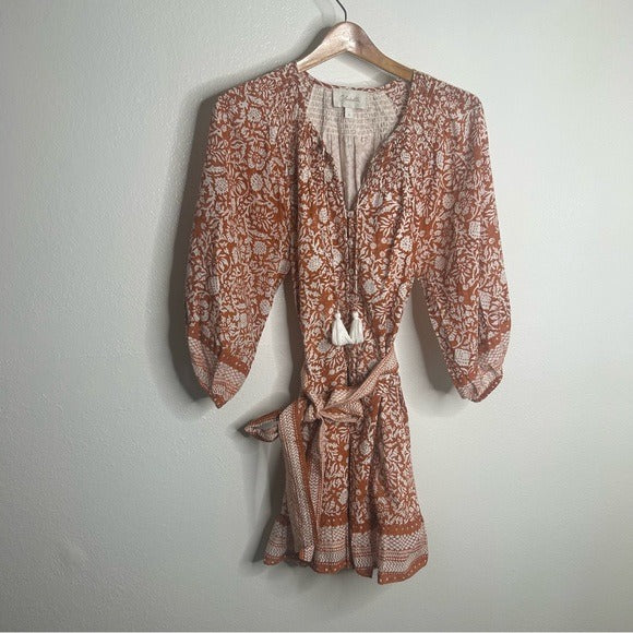 Cleobella Cleobella 100% Organic Cotton Belted Puff Sleeve Mini Dress Orange Floral - Cotton
