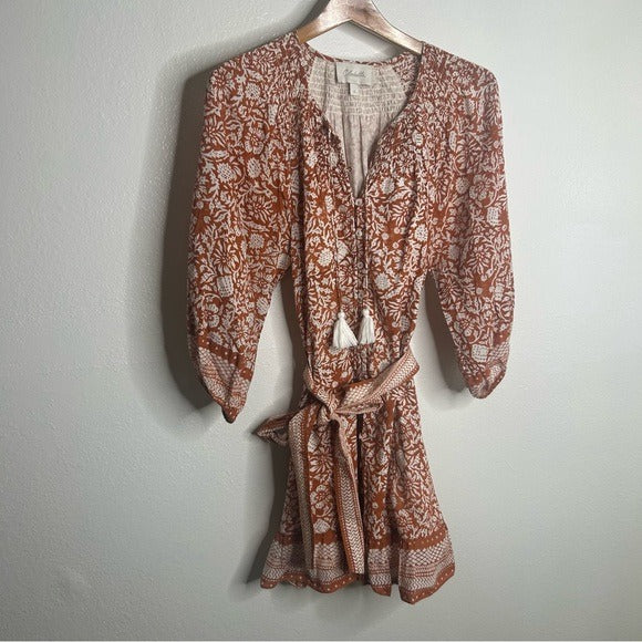 Cleobella Cleobella 100% Organic Cotton Belted Puff Sleeve Mini Dress Orange Floral - Cotton