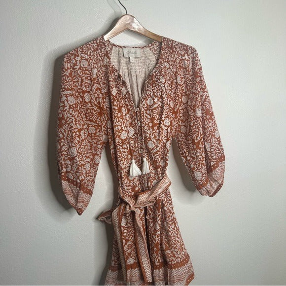 Cleobella Cleobella 100% Organic Cotton Belted Puff Sleeve Mini Dress Orange Floral - Cotton