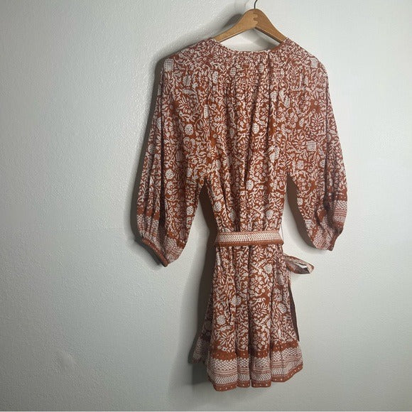 Cleobella Cleobella 100% Organic Cotton Belted Puff Sleeve Mini Dress Orange Floral - Cotton