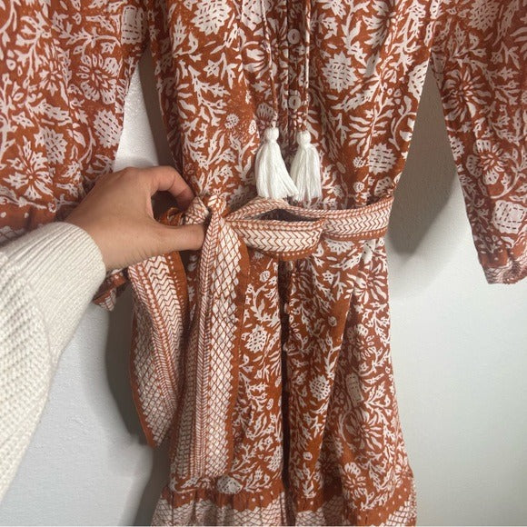 Cleobella Cleobella 100% Organic Cotton Belted Puff Sleeve Mini Dress Orange Floral - Cotton