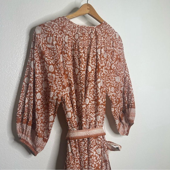 Cleobella Cleobella 100% Organic Cotton Belted Puff Sleeve Mini Dress Orange Floral - Cotton