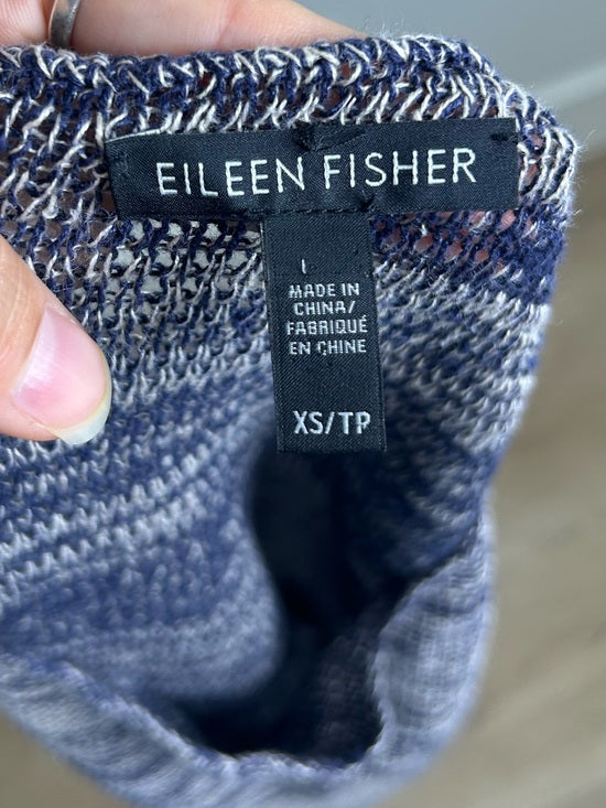 Eileen Fisher 100% Organic Linen Knit Tunic Long Tank Top Navy Blue Cream