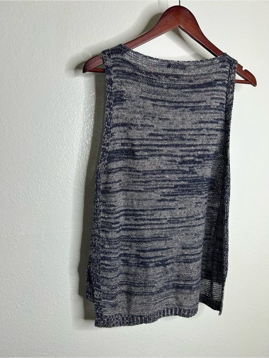 Eileen Fisher 100% Organic Linen Knit Tunic Long Tank Top Navy Blue Cream