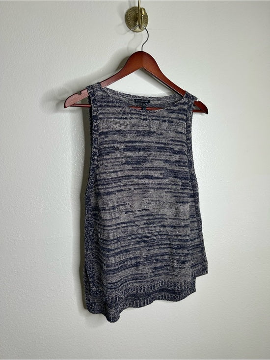 Eileen Fisher 100% Organic Linen Knit Tunic Long Tank Top Navy Blue Cream
