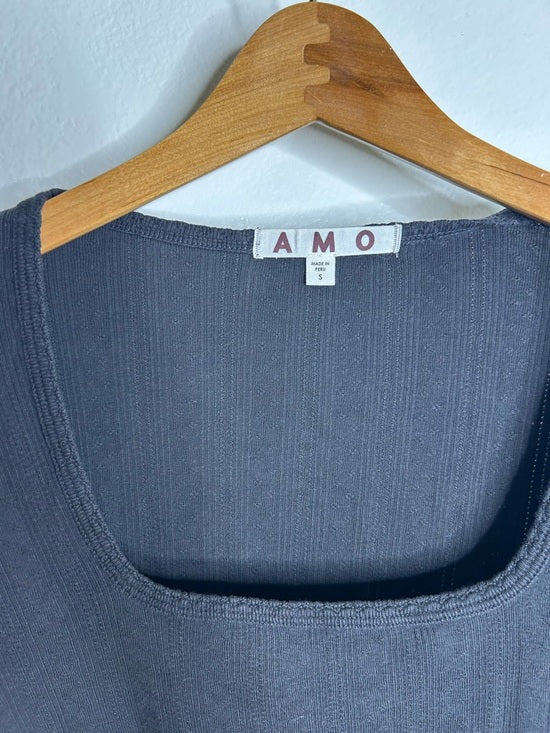 AMO 100% Pima Cotton Square Neck Pointelle Cropped Black Long Sleeve Top