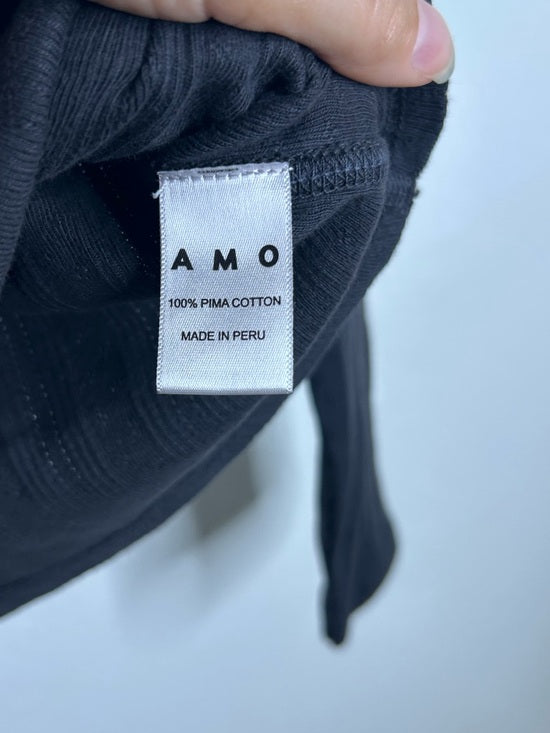 AMO 100% Pima Cotton Square Neck Pointelle Cropped Black Long Sleeve Top