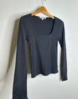 AMO 100% Pima Cotton Square Neck Pointelle Cropped Black Long Sleeve Top