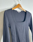 AMO 100% Pima Cotton Square Neck Pointelle Cropped Black Long Sleeve Top