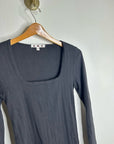 AMO 100% Pima Cotton Square Neck Pointelle Cropped Black Long Sleeve Top