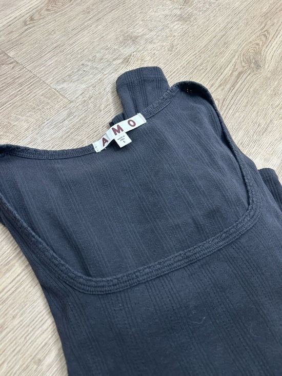 AMO 100% Pima Cotton Square Neck Pointelle Cropped Black Long Sleeve Top