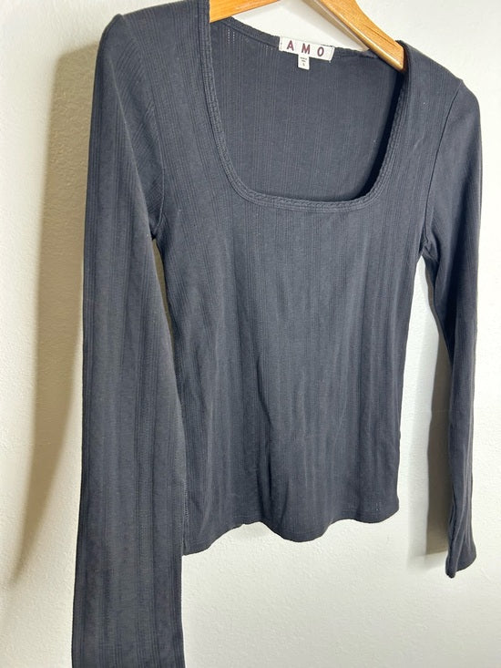 AMO 100% Pima Cotton Square Neck Pointelle Cropped Black Long Sleeve Top