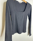 AMO 100% Pima Cotton Square Neck Pointelle Cropped Black Long Sleeve Top