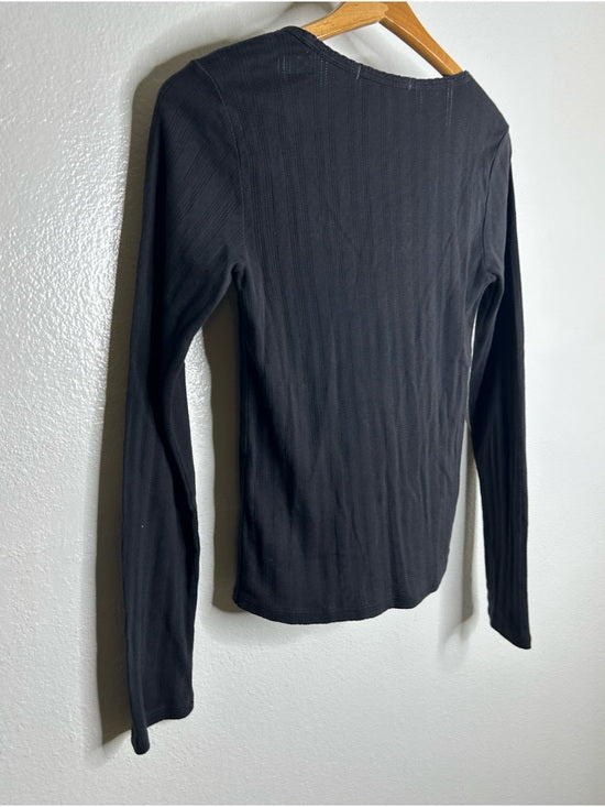 AMO 100% Pima Cotton Square Neck Pointelle Cropped Black Long Sleeve Top