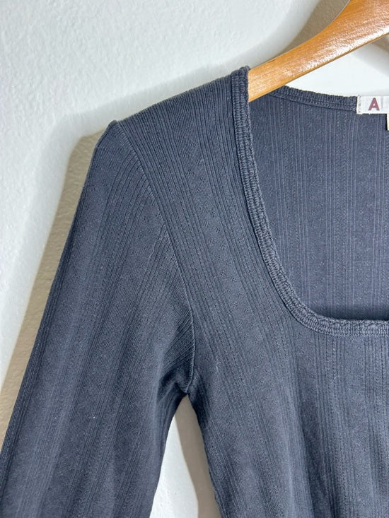AMO 100% Pima Cotton Square Neck Pointelle Cropped Black Long Sleeve Top