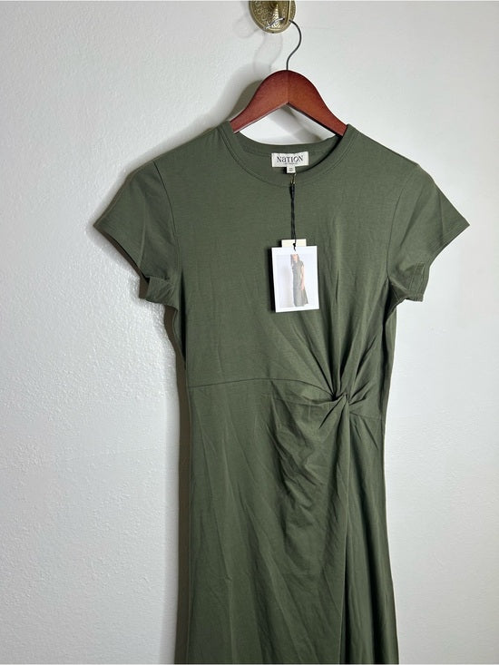 Nation 100% Pima Cotton Army Green Frida Twist T - Shirt Midi Dress