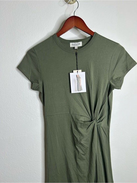 Nation 100% Pima Cotton Army Green Frida Twist T - Shirt Midi Dress
