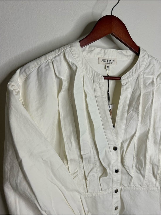 Nation LA 100% Pima Cotton Denim Snap Amelia Rufle Shirt in Cream
