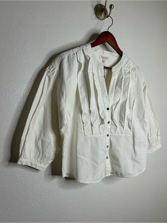 Nation LA 100% Pima Cotton Denim Snap Amelia Rufle Shirt in Cream