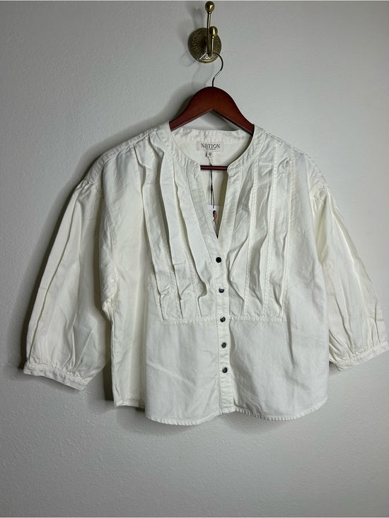 Nation LA 100% Pima Cotton Denim Snap Amelia Rufle Shirt in Cream