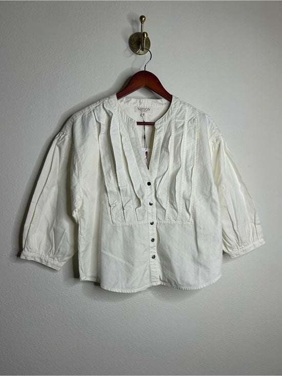 Nation LA 100% Pima Cotton Denim Snap Amelia Rufle Shirt in Cream
