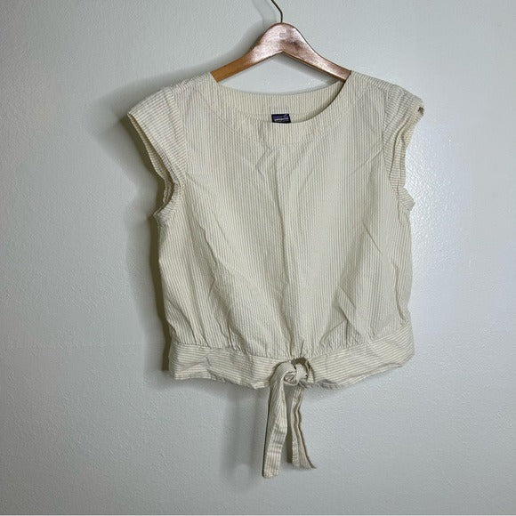 Patagonia Patagonia 100% Organic Cotton Striped Neutral Tie Front Blouse - Cotton