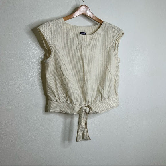 Patagonia Patagonia 100% Organic Cotton Striped Neutral Tie Front Blouse - Cotton