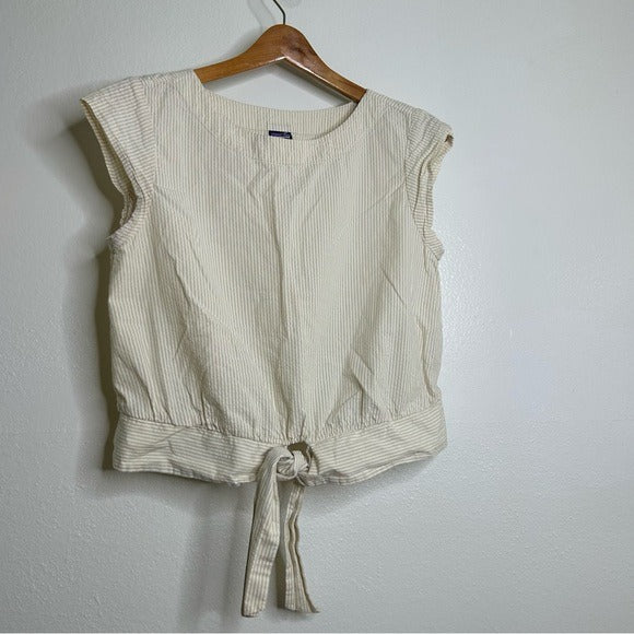 Patagonia 100% Organic Cotton Striped Neutral Tie Front Blouse