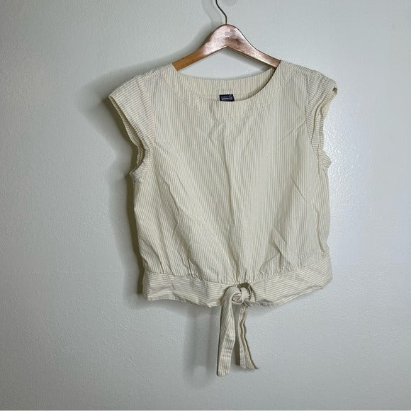 Patagonia Patagonia 100% Organic Cotton Striped Neutral Tie Front Blouse - Cotton