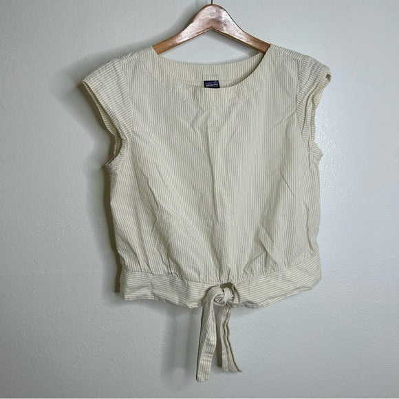 Patagonia Patagonia 100% Organic Cotton Striped Neutral Tie Front Blouse - Cotton