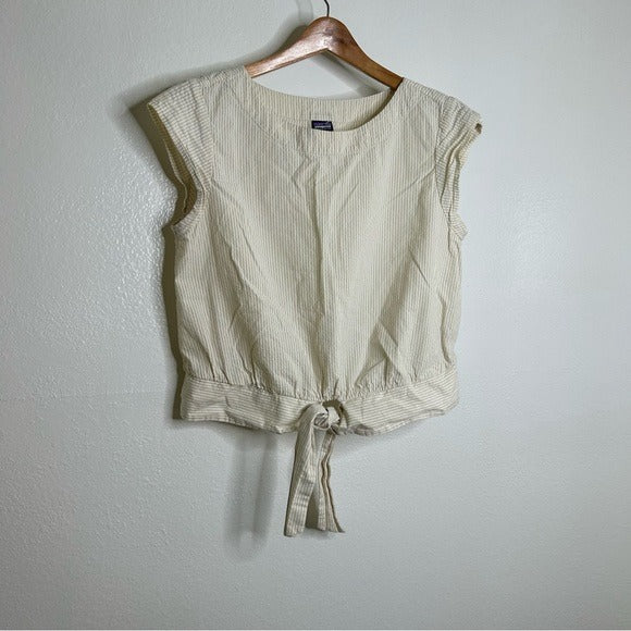 Patagonia Patagonia 100% Organic Cotton Striped Neutral Tie Front Blouse - Cotton