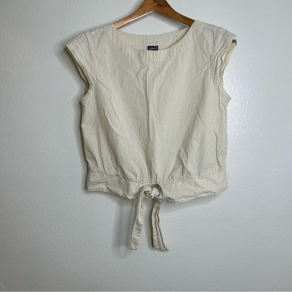 Patagonia Patagonia 100% Organic Cotton Striped Neutral Tie Front Blouse - Cotton