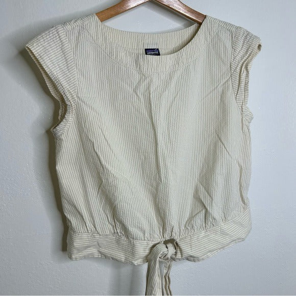 Patagonia 100% Organic Cotton Striped Neutral Tie Front Blouse