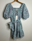 Cleobella 100% Organic Cotton Floral Square Neck Tie Puff Sleeve Mini Dress
