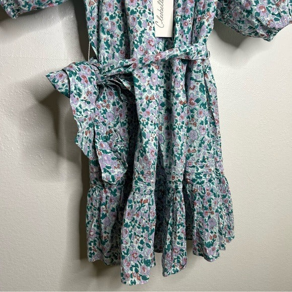 Cleobella 100% Organic Cotton Floral Square Neck Tie Puff Sleeve Mini Dress
