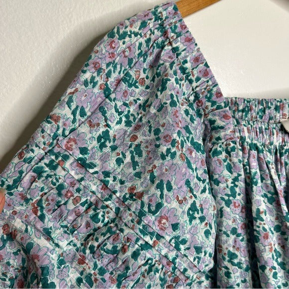 Cleobella 100% Organic Cotton Floral Square Neck Tie Puff Sleeve Mini Dress