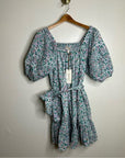 Cleobella 100% Organic Cotton Floral Square Neck Tie Puff Sleeve Mini Dress
