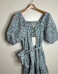 Cleobella 100% Organic Cotton Floral Square Neck Tie Puff Sleeve Mini Dress