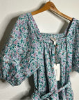 Cleobella 100% Organic Cotton Floral Square Neck Tie Puff Sleeve Mini Dress