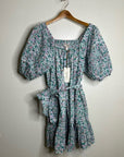 Cleobella 100% Organic Cotton Floral Square Neck Tie Puff Sleeve Mini Dress