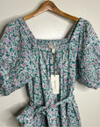 Cleobella 100% Organic Cotton Floral Square Neck Tie Puff Sleeve Mini Dress