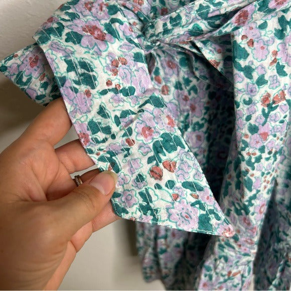 Cleobella 100% Organic Cotton Floral Square Neck Tie Puff Sleeve Mini Dress