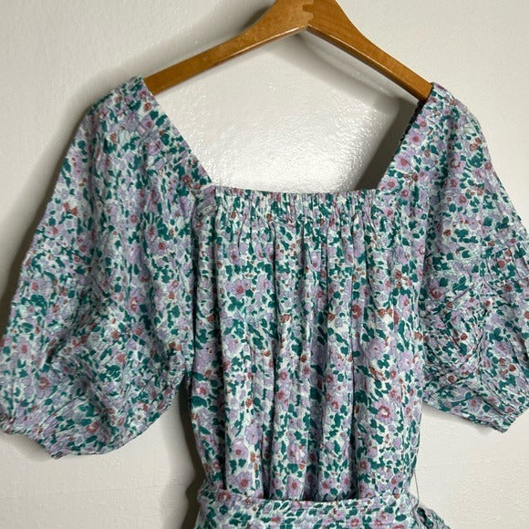 Cleobella 100% Organic Cotton Floral Square Neck Tie Puff Sleeve Mini Dress