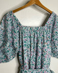 Cleobella 100% Organic Cotton Floral Square Neck Tie Puff Sleeve Mini Dress